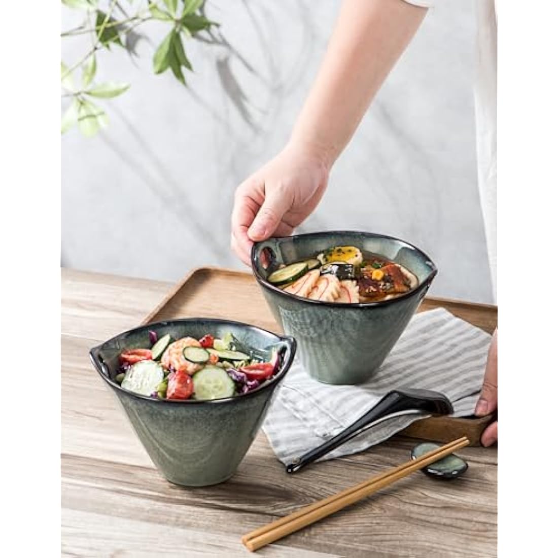 Henten Home Ceramic Ramen Bowl Set of 2 – 780ml Green Reactive Glaze