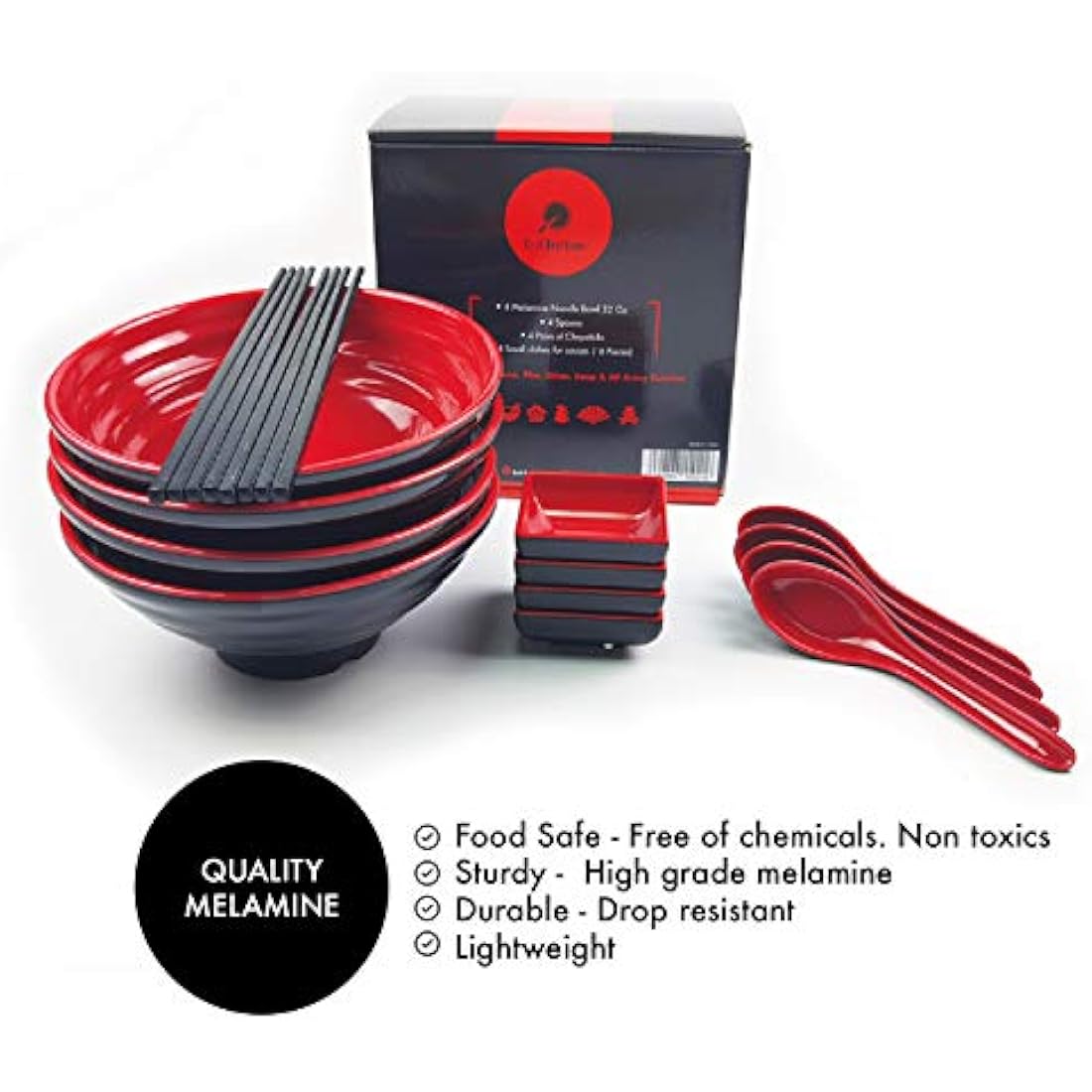 BaliBetov Melamine Ramen Bowl Set - 16 Piece Noodle Soup Kit, 32oz Red