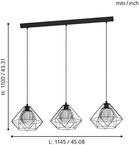 EGLO Vernham 3-Bulb Pendant Light – Industrial Smoked Glass & Black Steel