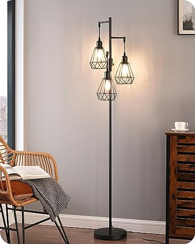 EDISHINE Industrial Floor Lamp | Dimmable 3-Light Cage Standing Lamp