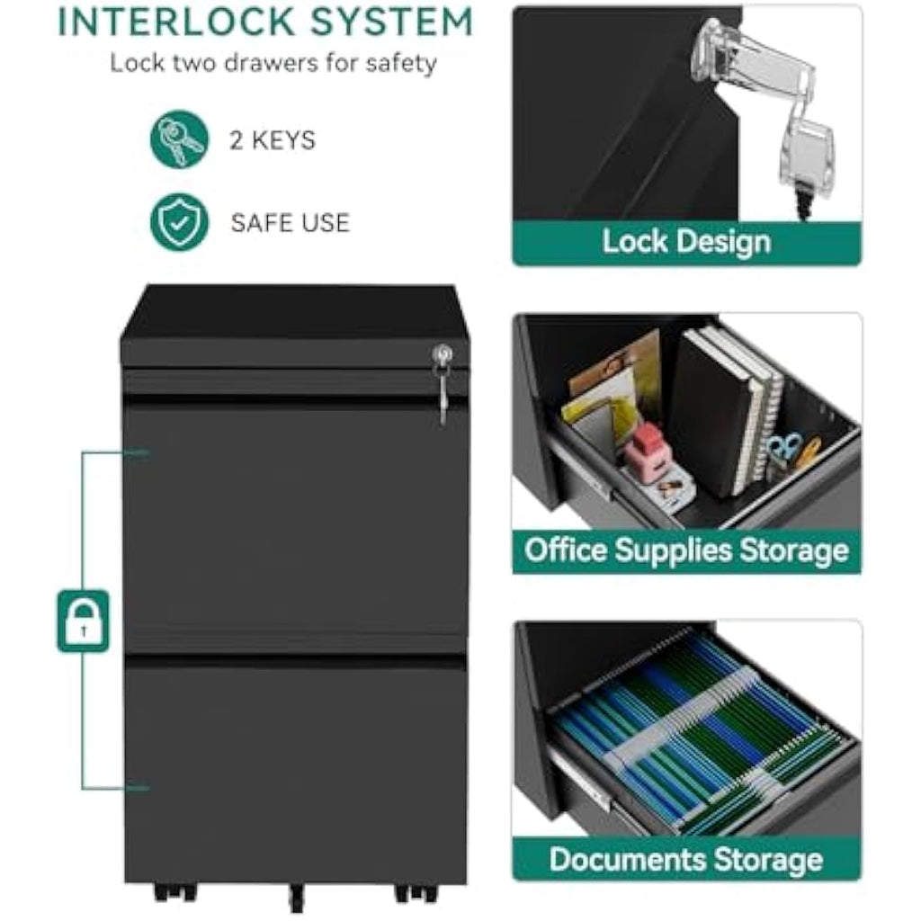YITAHOME 2-Drawer Mobile Filing Cabinet | Lockable Steel File Storage