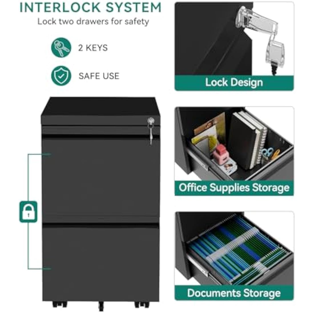 YITAHOME 2-Drawer Mobile Filing Cabinet | Lockable Steel File Storage