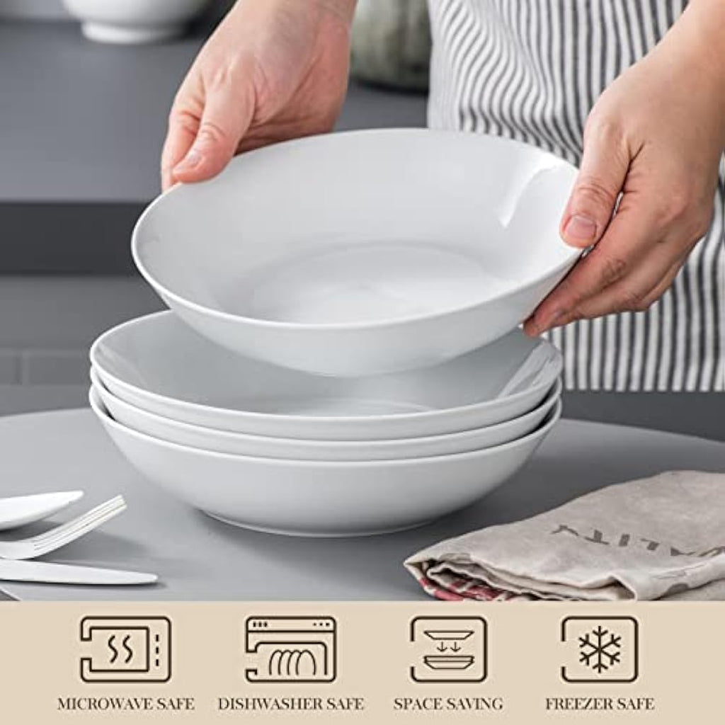 MALACASA 8" Porcelain Pasta Bowls - Set of 4 White Ceramic Salad Soup Bowls