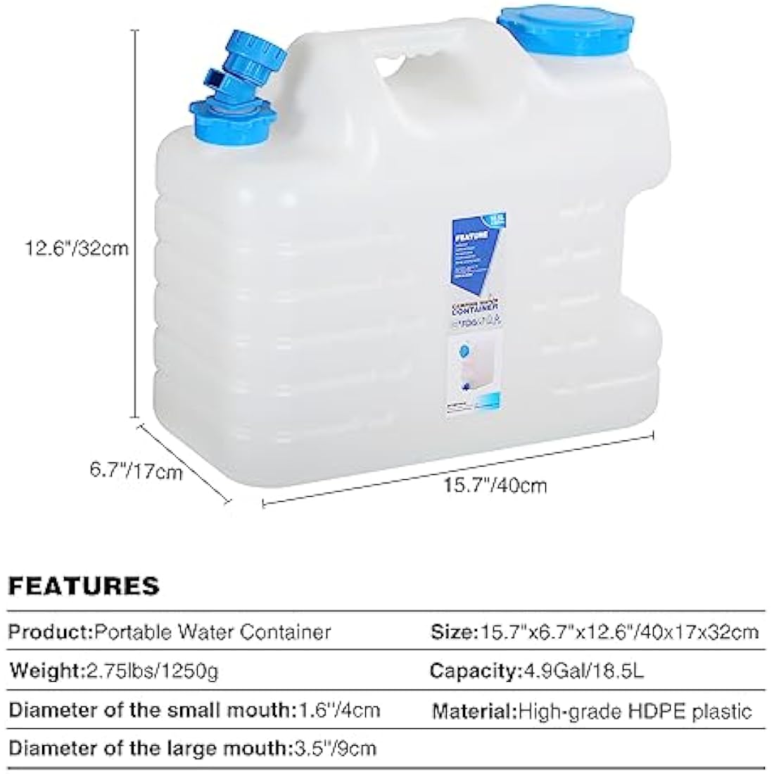 REDCAMP Portable Water Container with Tap | BPA-Free HDPE Storage Jug