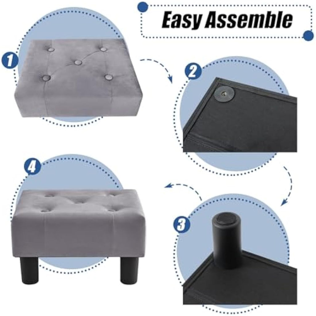Velvet Footstool – Small Storage Ottoman for Living Room, Gray