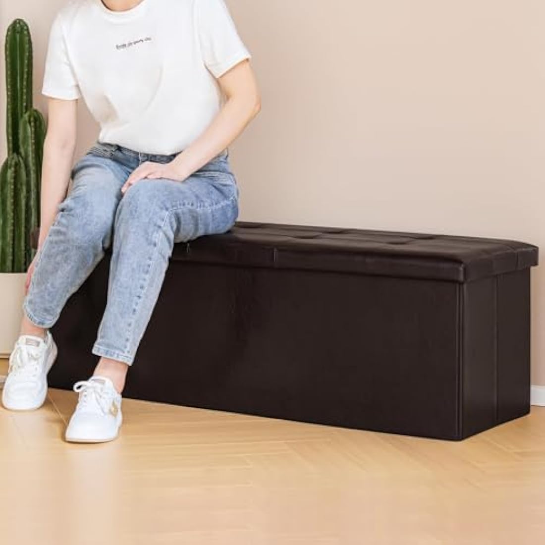 Bonlife Storage Ottoman | 140L Foldable Faux Leather Bed Bench - Brown
