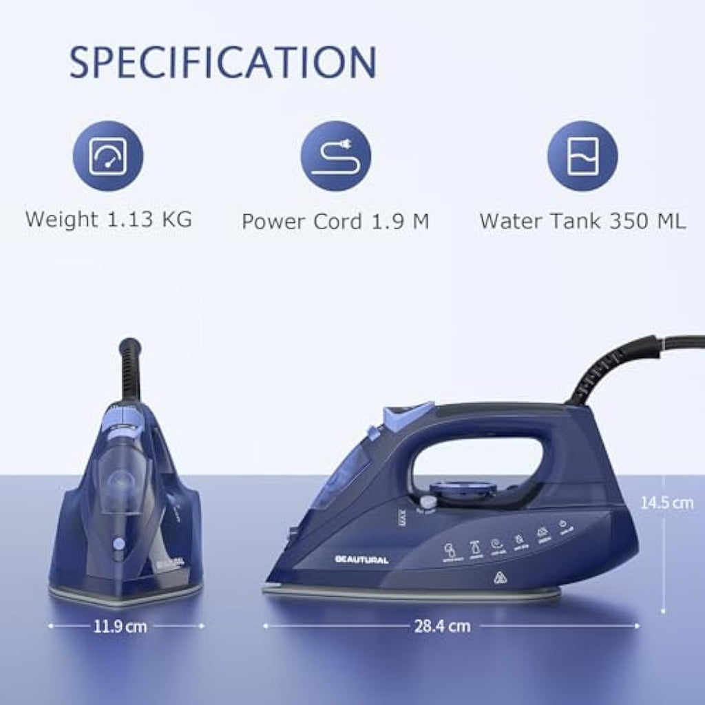 Beautural 2800W Steam Iron – Ceramic Soleplate & Auto-Off, Blue