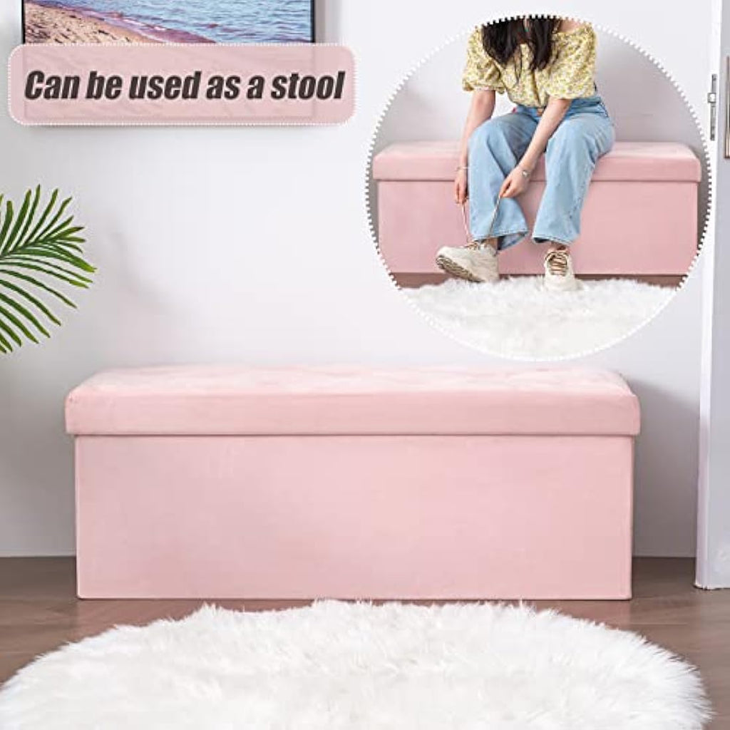 BRIAN & DANY Velvet Storage Ottoman Bench - Foldable Pink Footrest
