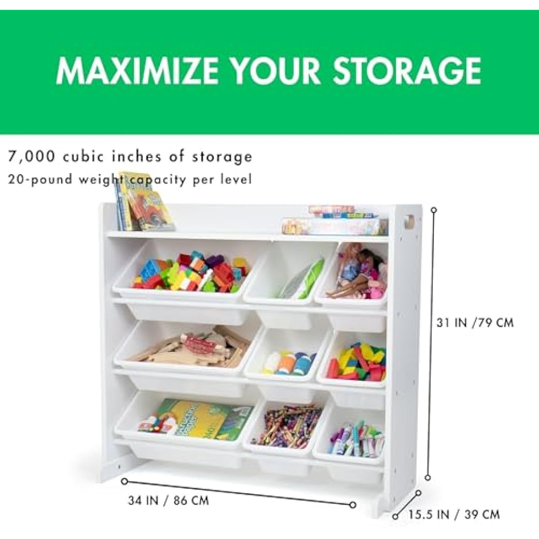 Humble Crew Wooden Toy Storage Organiser | 9 Bins & Shelf – White