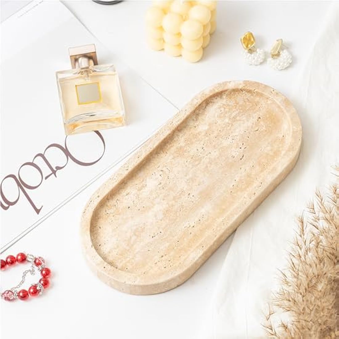 WORHE Natural Travertine Stone Tray – Oval Marble Vanity Organizer