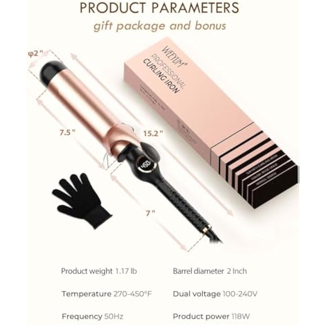 WEEYUM 50mm Ceramic Curling Tongs | Large Barrel Hair Wand for Waves