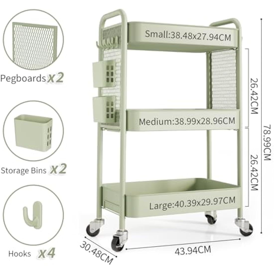 Urackify 3-Tier Rolling Utility Cart with Pegboard & Hooks - Green