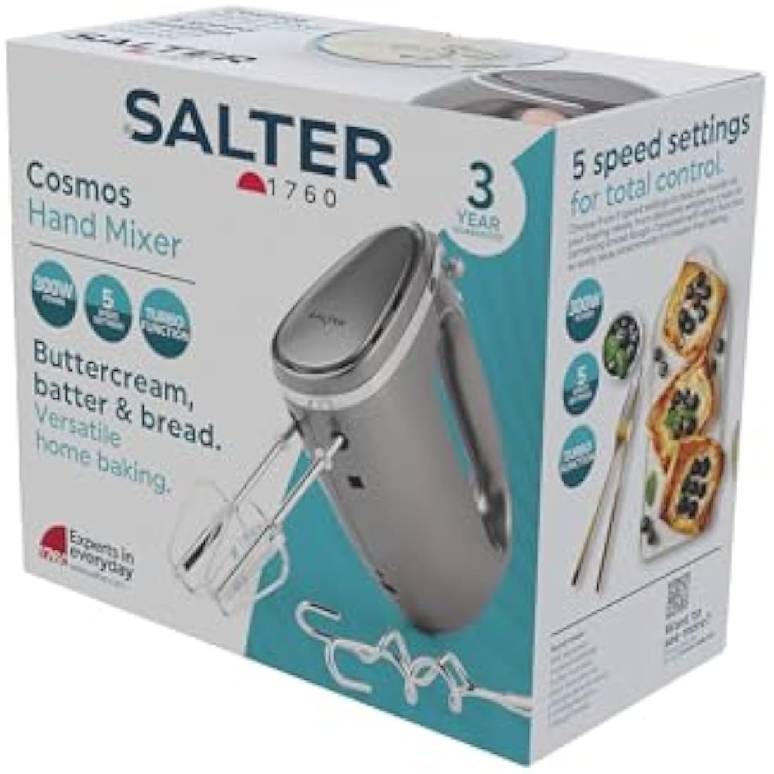 Salter Cosmos Hand Mixer – 300W Electric Whisk with Dough Hooks, Grey