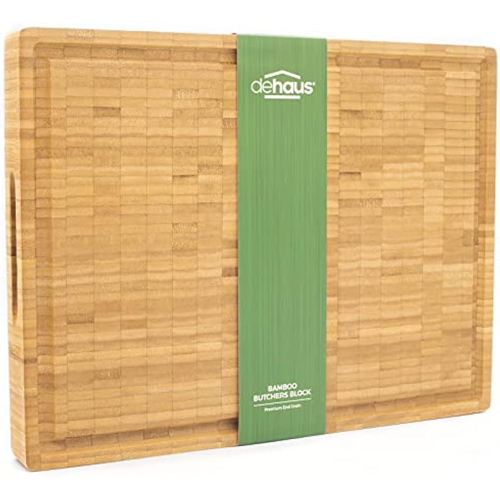 Dehaus End Grain Bamboo Chopping Board – Large Butcher Block with Juice Groove
