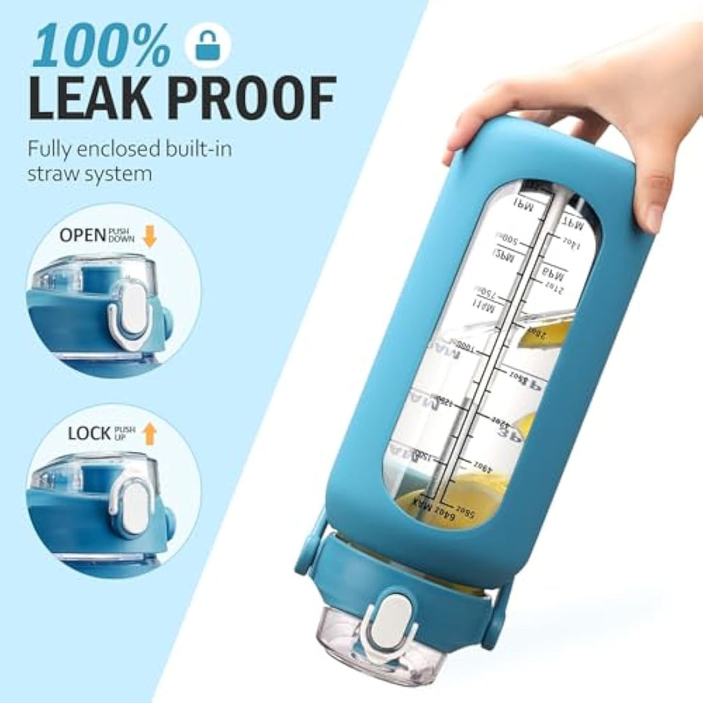 HYDRAGLAZIC 2L Glass Water Bottle | 2 Lids & Silicone Sleeve - Blue