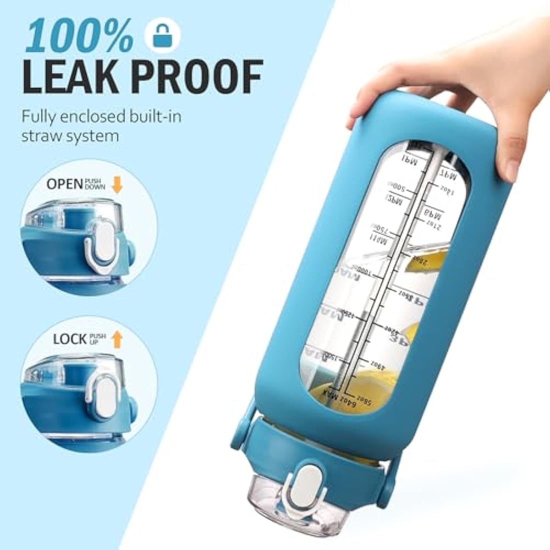 HYDRAGLAZIC 2L Glass Water Bottle | 2 Lids & Silicone Sleeve - Blue