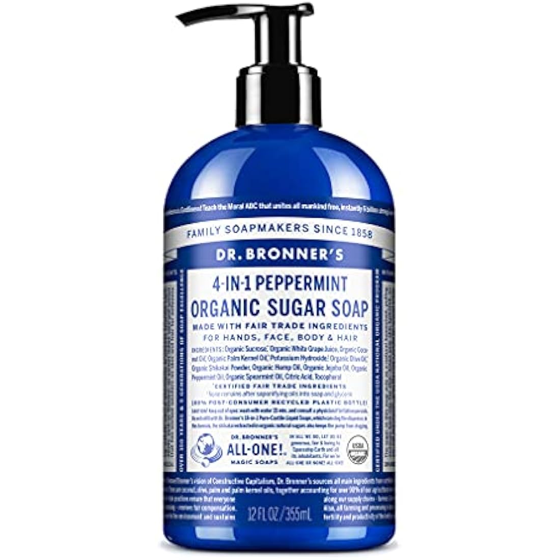 Dr. Bronner's Organic Peppermint 4-in-1 Soap | 335ml Pump Bottle