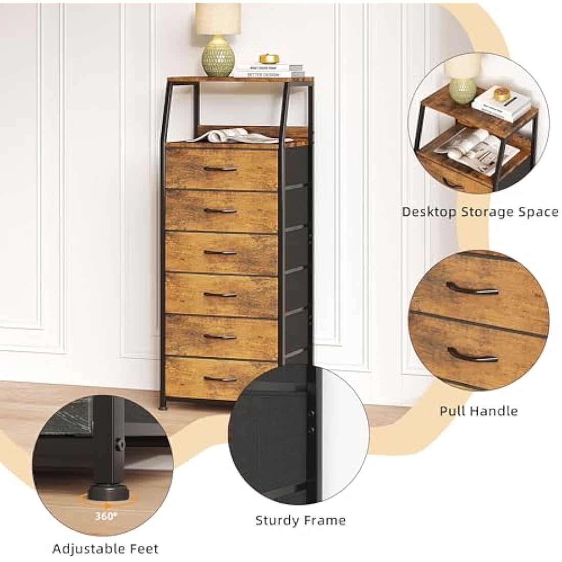 6-Drawer Fabric Dresser – Rustic Brown Tall Storage Chest