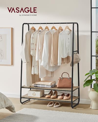 VASAGLE Industrial Clothes Rail | Steel Rack with 2 Shelves & 6 Hooks