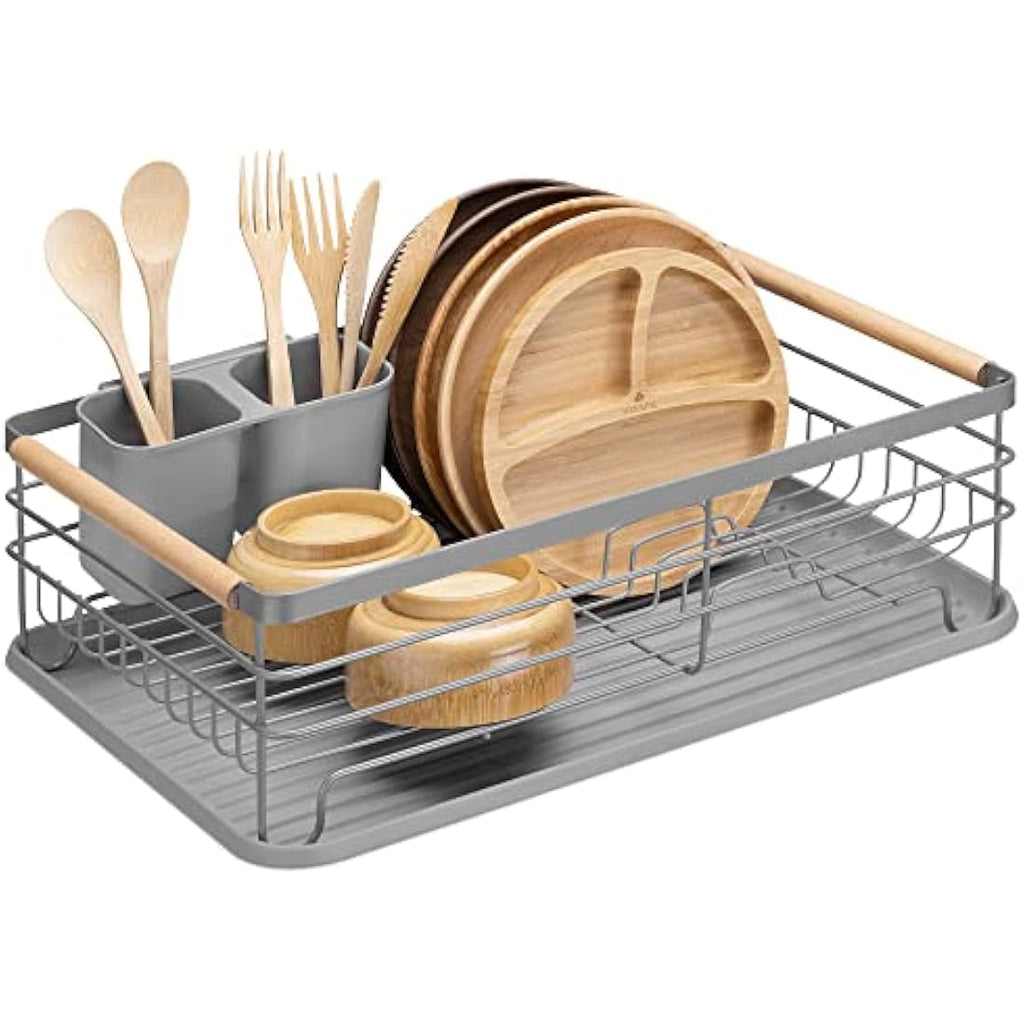 Navaris Dish Drainer Rack – Grey Iron with Beechwood Handles and Tray