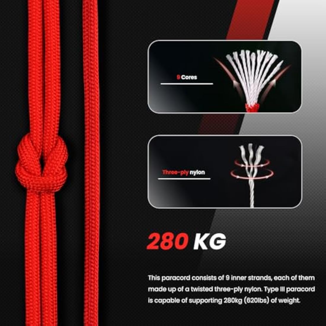 Abma Cord 4mm Type III Nylon Paracord – 9 Strands, 100m Rope (Red)