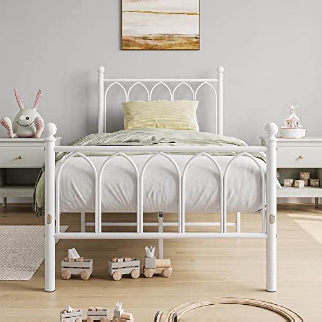 JELUTE Single Metal Bed Frame with Headboard and Footboard - White