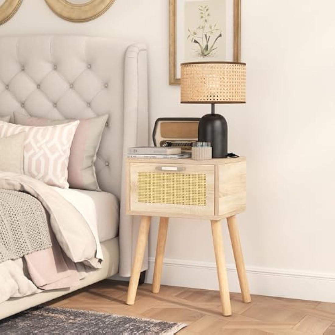 YMYNY Rattan Nightstand Set of 2 - Modern Wood Bedside Table with Drawer
