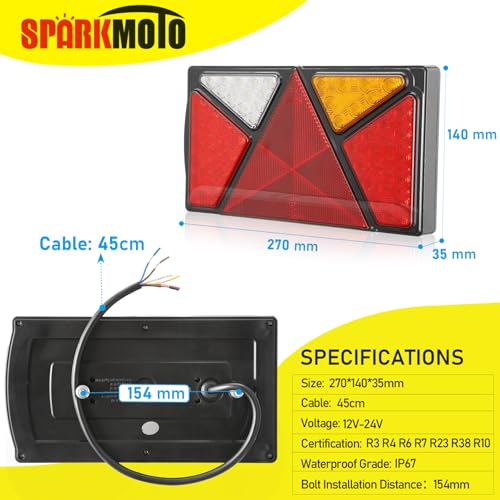 SPARKMOTO LED Trailer Tail Lights | 7-Function IP67 Waterproof 12V 24V