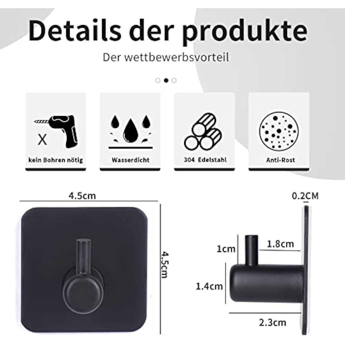 Adhesive Hooks – Black Stainless Steel Wall Hooks, 6-Pack