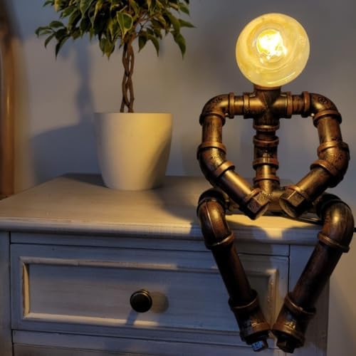 Kaj Hejmo Steampunk Robot Water Pipe Table Lamp – Retro Iron Desk Light
