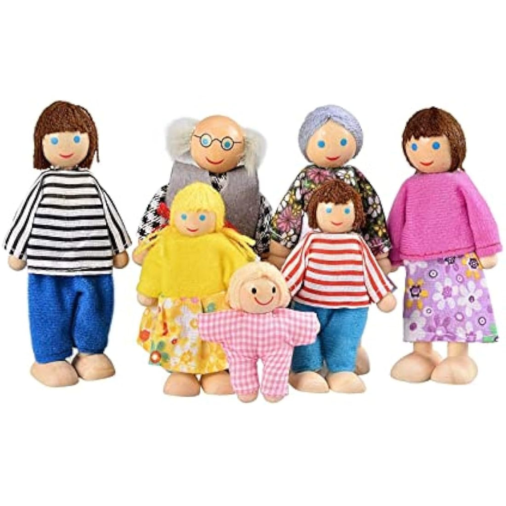 DecoBay Wooden Dollhouse Furniture - 6 Room Sets and 7 Family Dolls