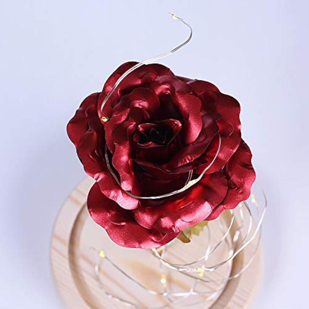 TINYOUTH 24K Gold Plated Red Rose in Glass Dome with LED Lights