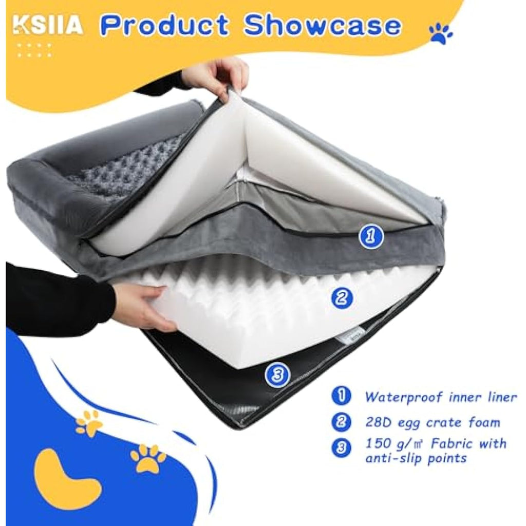 KSIIA XL Orthopedic Dog Bed – Large Washable Bolster Sofa, Grey