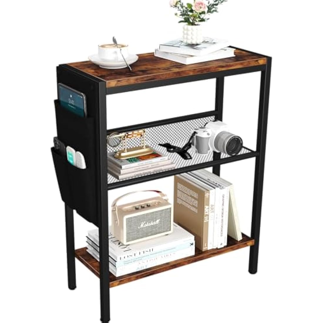 Yusong Narrow Side Table – 3-Tier Slim End Table with Storage, Rustic Brown