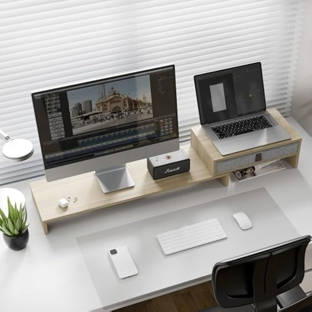 Fenge Dual Monitor Stand – Adjustable Wood Riser with Storage Drawer