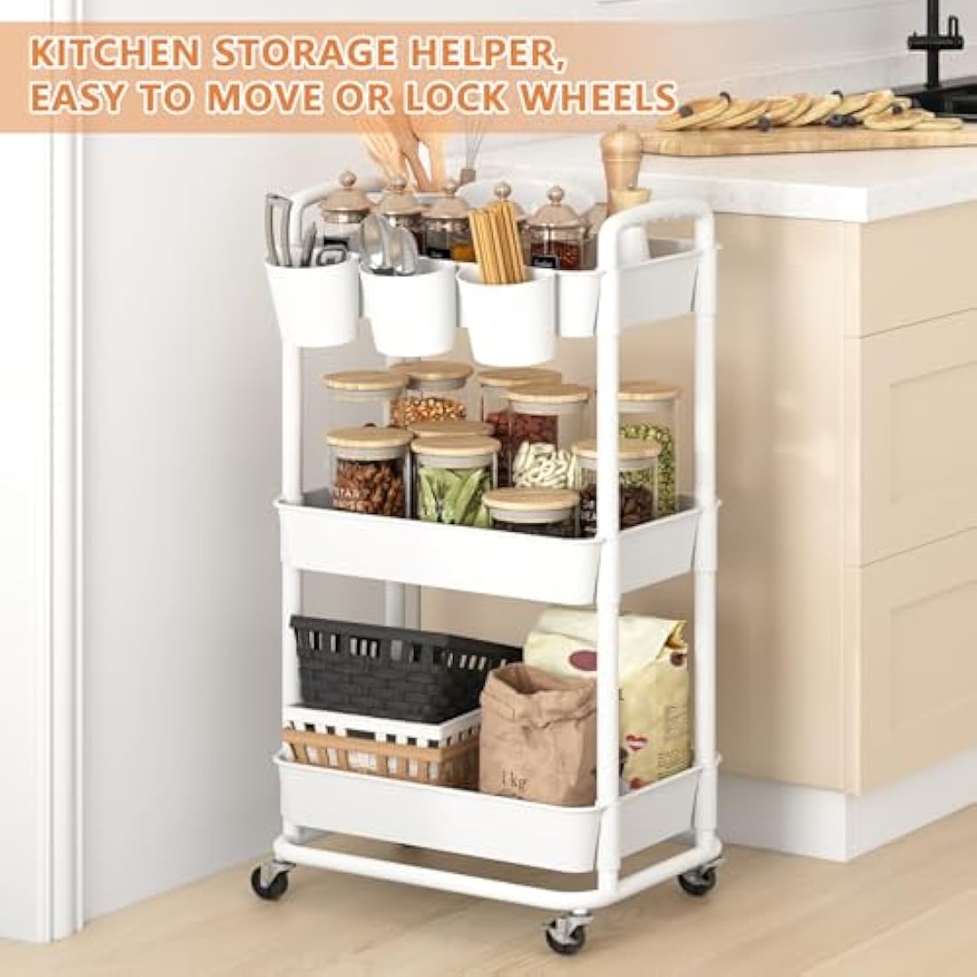 JIUYOTREE 3-Tier Rolling Utility Cart with Handles and Locking Wheels - White
