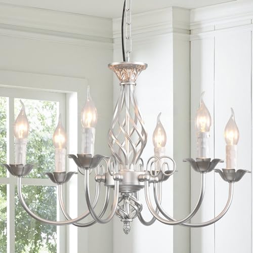 JIINOO French Country Chandelier | 6-Light Silver Rustic Farmhouse Pendant