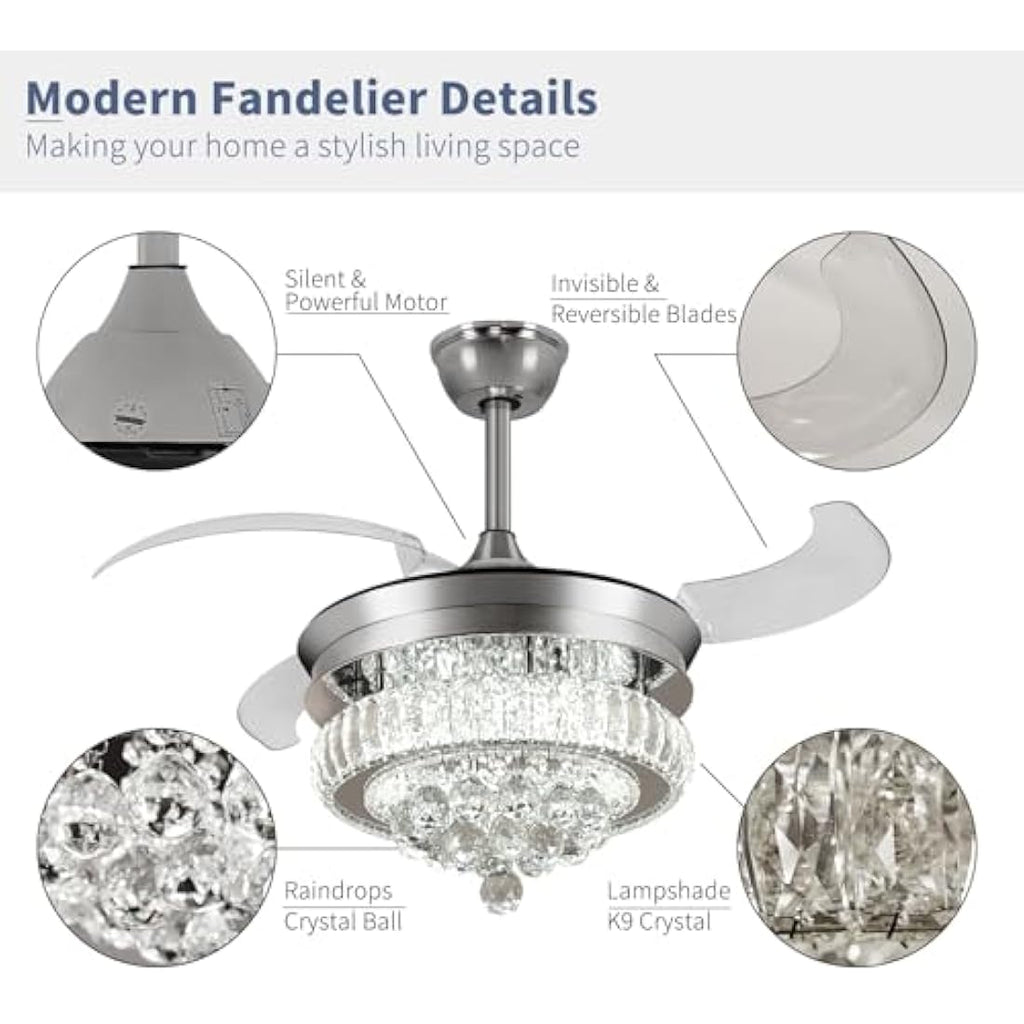 Depuley 36″ Crystal Retractable Ceiling Fan with App Control & Light