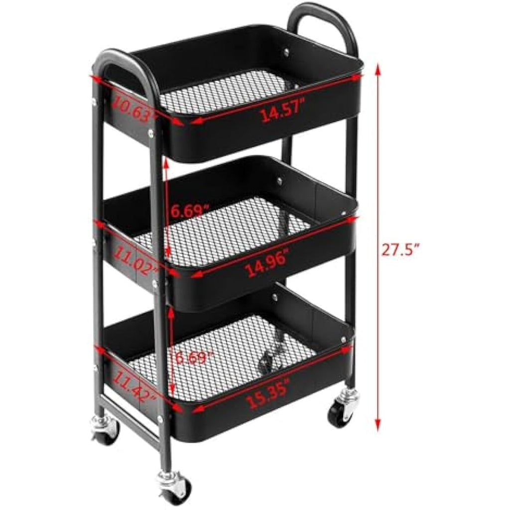 Jolof Store 3-Tier Metal Rolling Utility Cart - Slim Storage Trolley, Black