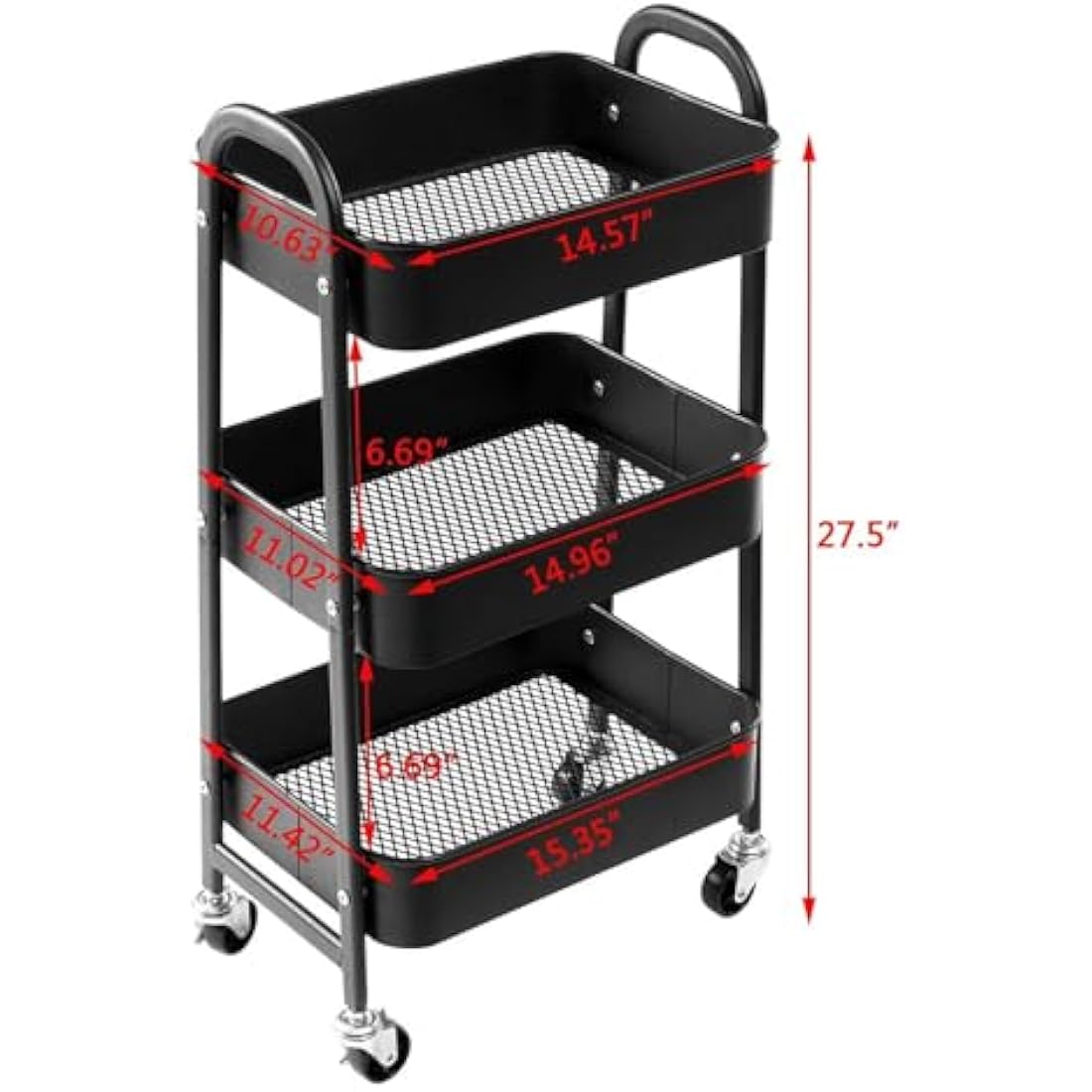 Jolof Store 3-Tier Metal Rolling Utility Cart - Slim Storage Trolley, Black