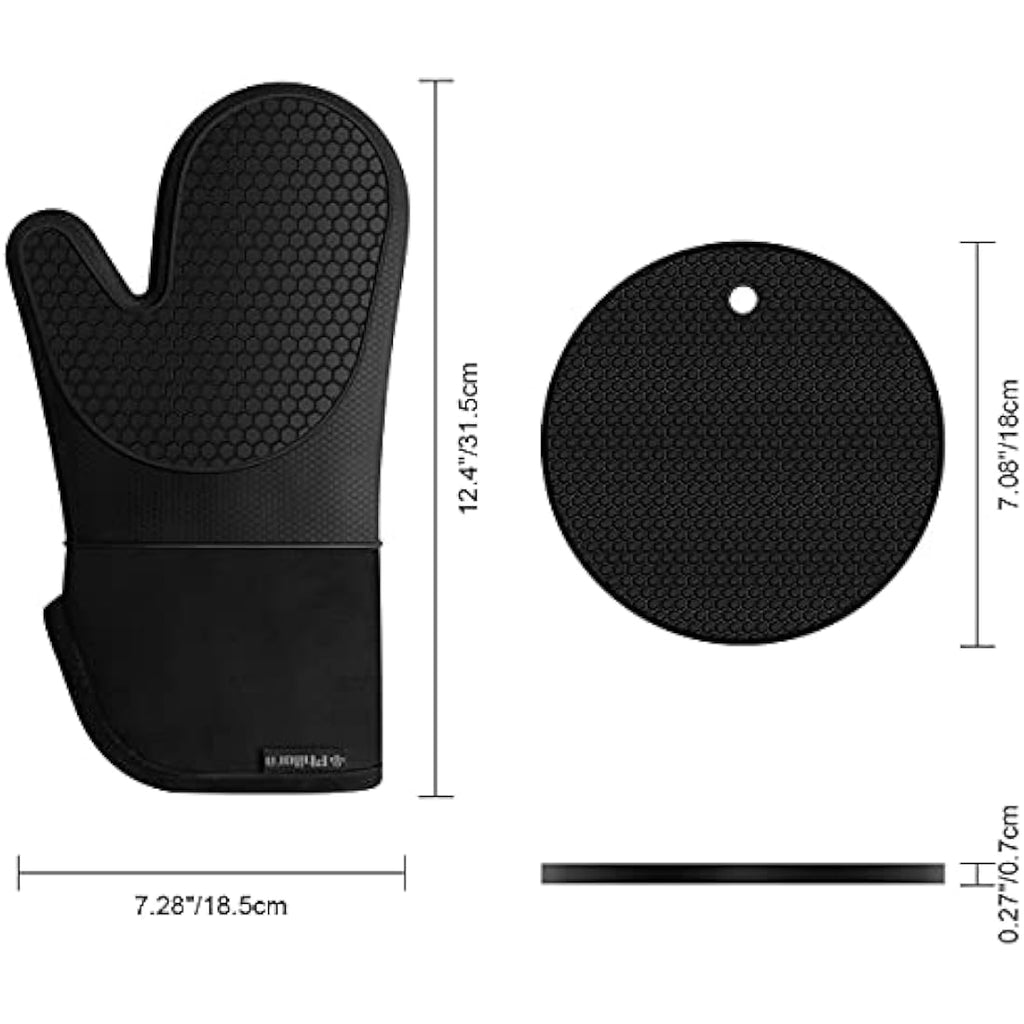 Silicone Oven Mitts - Heat Resistant BBQ Gloves with Pads