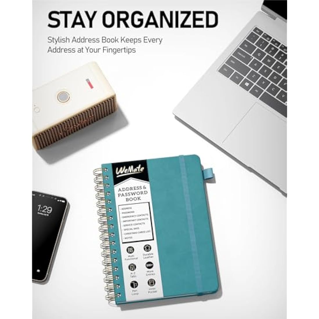 WEMATE Leather Address Book with Alphabetical Tabs - Green Hardcover
