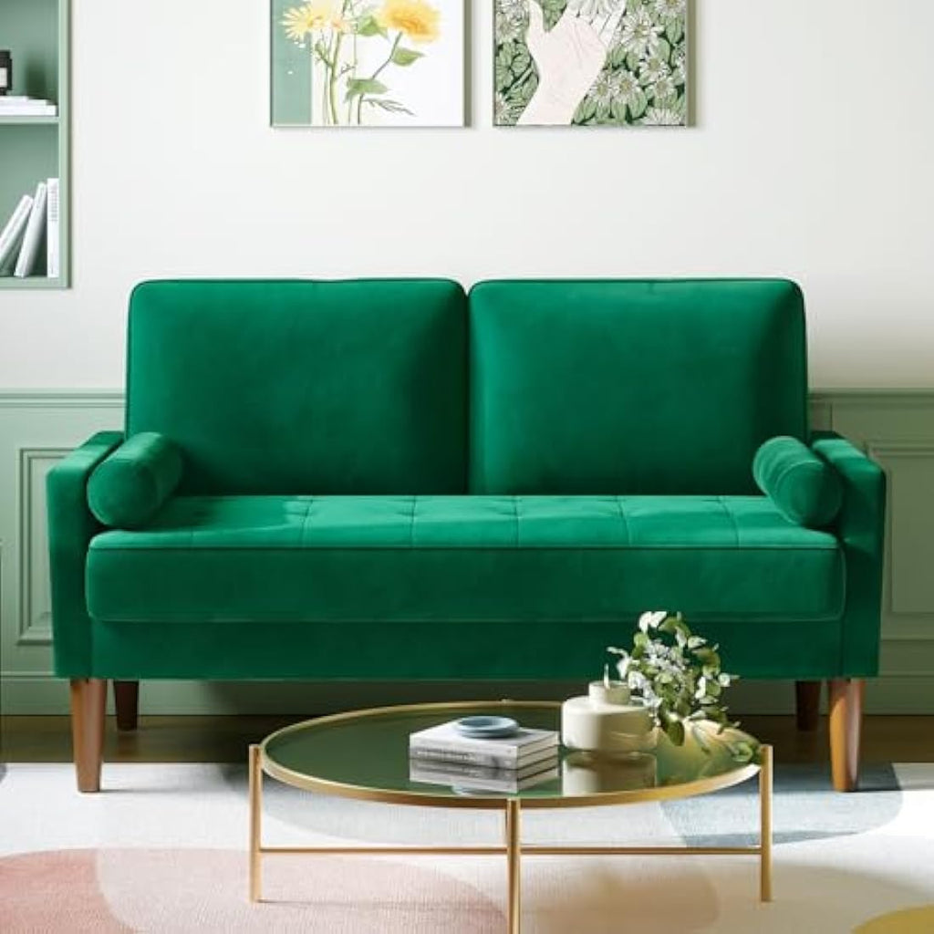 Vesgantti 2 Seater Velvet Sofa – Modern Green Loveseat with Wood Legs