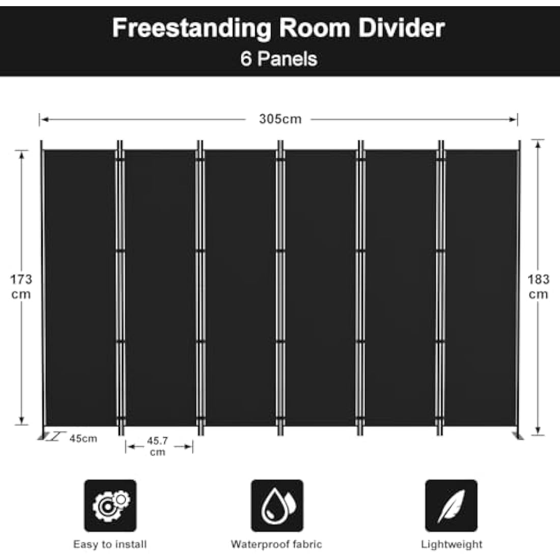 Kokorona 6 Panel Room Divider | 6ft Folding Privacy Screen - Black