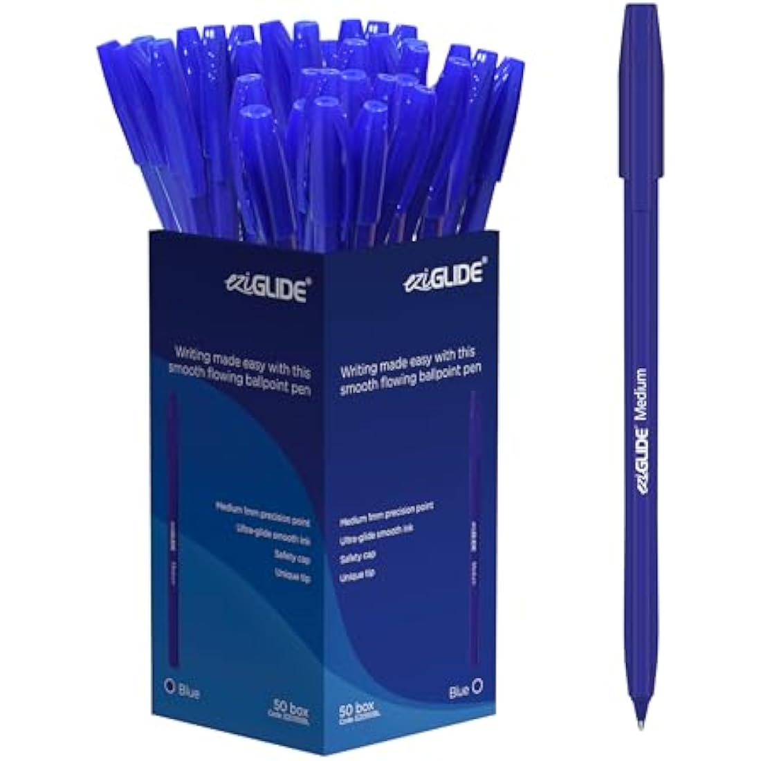 Eziglide Blue Ballpoint Pens – 50 Pack Medium 1.0mm Smooth Writing