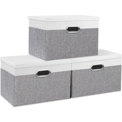 Yawinhe Collapsible Fabric Storage Bins with Lids - 3 Pack, White/Grey
