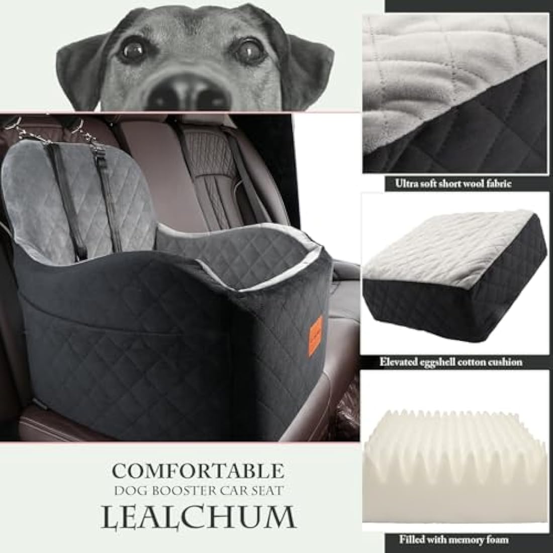 Lealchum Dog Booster Car Seat – Washable Memory Foam Pet Seat, Medium