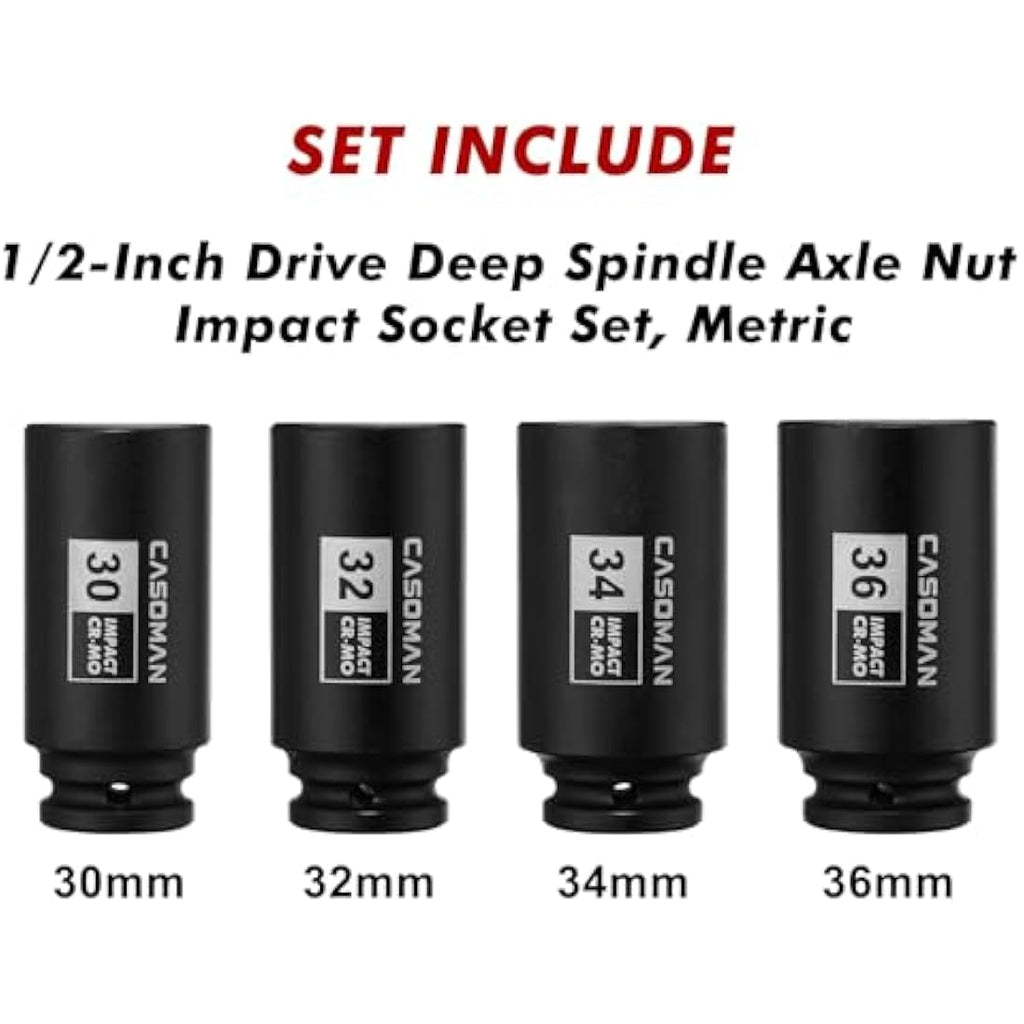 CASOMAN 4pc 1/2" Drive Deep Spindle Axle Nut Impact Socket Set, 12-Point