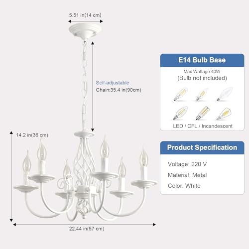 JIINOO French Country 6-Light Chandelier – Rustic White Farmhouse Pendant