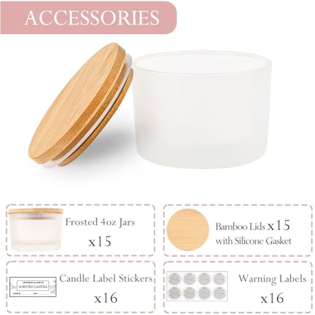 CONNOO 4oz Frosted Glass Candle Jars with Bamboo Lids - 15 Pack Bulk